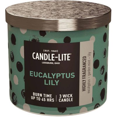 Candela profumata grande in vetro con stampa 3 stoppini Eucalyptus Lily Candle-lite 396 g