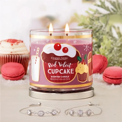 Kerst Kaars met sieraad armband Red Velvet Cupcake Charmed Aroma 350 g