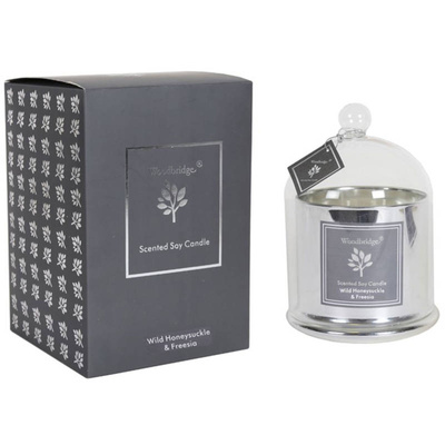 Grande bougie parfumée au soja en verre argenté avec abat-jour dans une boîte style glamour Honeysuckle Freesia Woodbridge Candle 560 g