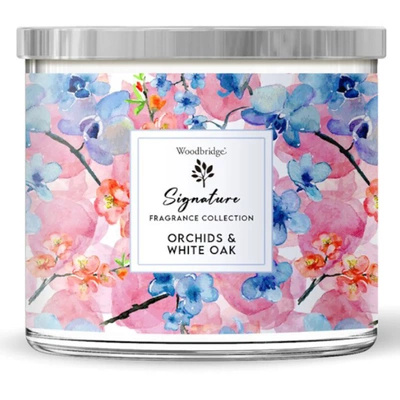 Candela profumata grande in vetro con tre stoppini Orchids White Oak Woodbridge Candle 410 g