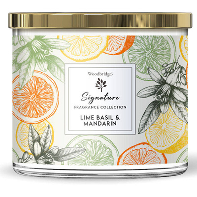 Candela grande profumata agli agrumi in vetro con tre stoppini Lime Basil Mandarin Woodbridge Candle 410 g