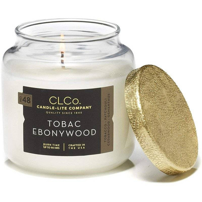 Candela profumata da uomo grande in vetro con coperchio oro Tobac Ebonywood Candle-lite 396 g