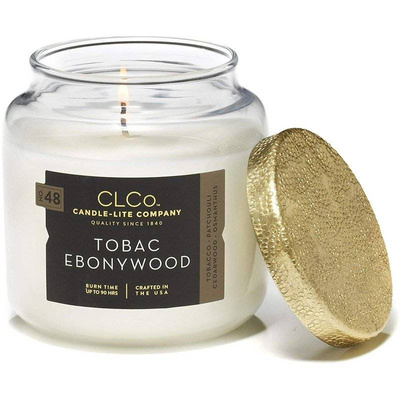 Duża męska świeca zapachowa w szkle ze złotą pokrywką Tobac Ebonywood Candle-lite 396 g