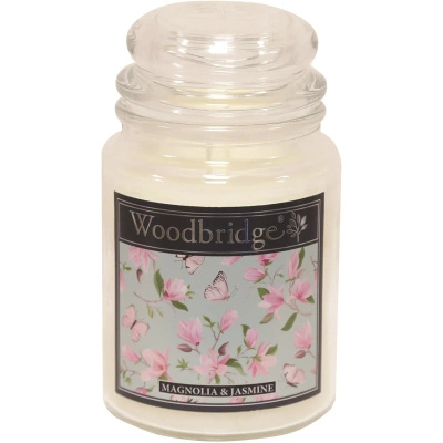Veľká kvetinová vonná sviečka v sklenenej dóze Magnolia & Jasmine Woodbridge Candle 565 g