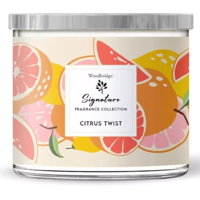 Duża świeca zapachowa w szkle z trzema knotami Citrus Twist Woodbridge Candle 410 g