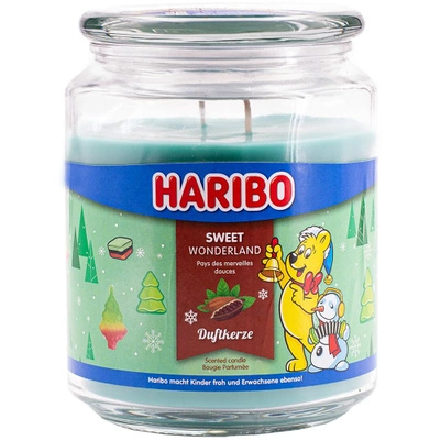 Haribo candela profumata natalizia grande in vetro Sweet Wonderland cioccolato alla menta 510 g