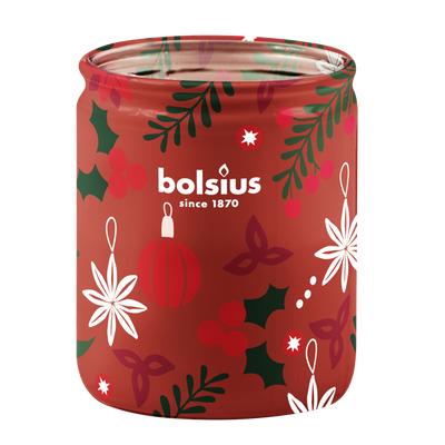 Bolsius juldoftande glasljus 82/68 mm med jultema True Glow - Merry Moments