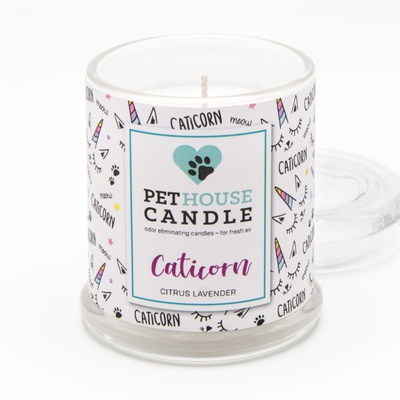 Sojowa świeca zapachowa w szklanym słoiku neutralizacja zapachów PetHouse Candle Caticorn Cytrusy Lawenda 250 g