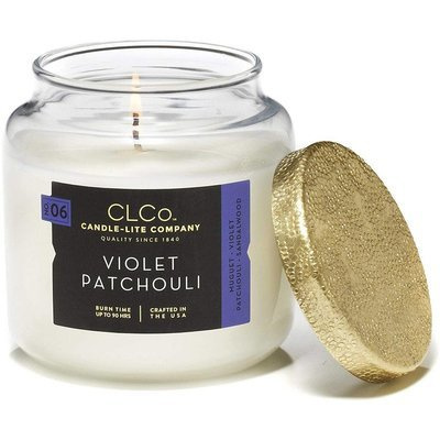 Candela grande profumata floreale in vetro con coperchio dorato Violet Patchouli Candle-lite 396 g