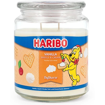 Haribo grote geurkaars in glas Vanilla Waffle Cream wafels met slagroom 510 g