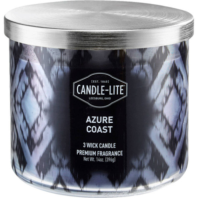 Duża świeca zapachowa w szkle z nadrukiem 3 knoty Azure Coast Candle-lite 396 g