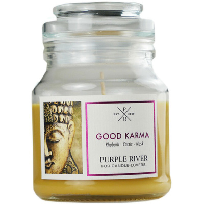 Candela profumata di soia in vetro rabarbaro muschio Good Karma Purple River 113 g