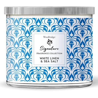 Duża świeca zapachowa w szkle z trzema knotami White Linen Sea Salt Woodbridge Candle 410 g