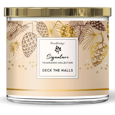 Candela natalizia grande profumata in vetro con tre stoppini Deck The Halls Woodbridge Candle 410 g