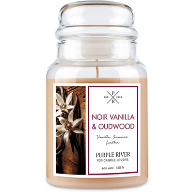 Veľká sójová sviečka v sklenenej nádobe s vôňou orientálnej vanilky Noir Vanilla Oudwood Purple River 623 g