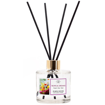 Bâtonnets parfumés dans une bouteille en verre emballés dans une boîte mangue papaye Tropical Dreams Purple River 200 ml