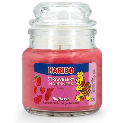 Haribo piccola candela profumata in vetro Strawberry Happiness caramelle gommose alla fragola 85 g