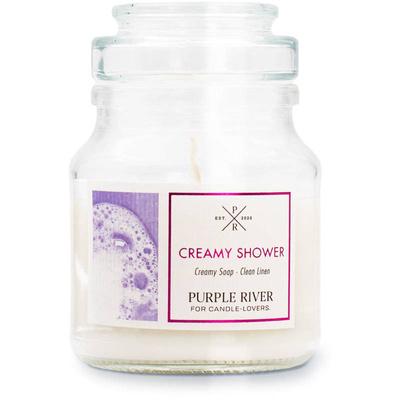 Bougie parfumée de soja en verre savon crème Creamy Shower Purple River 113 g