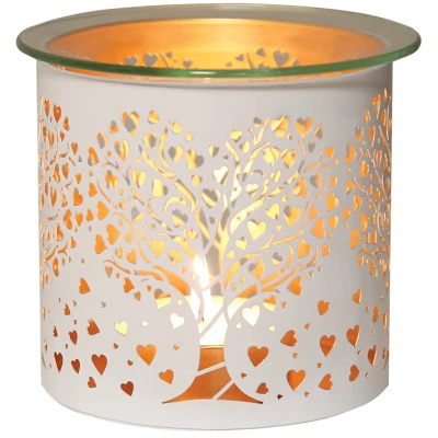 Kovový vonný krb na olejový vosk a svícen 2v1 Heart Tree White And Gold Woodbridge