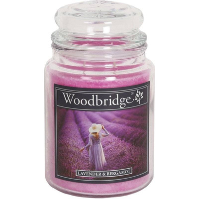 Duża świeca zapachowa w szklanym słoju z dwoma knotami Lavender Bergamot Woodbridge Candle 565 g