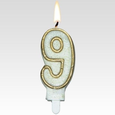 Birthday candle number 9 white and gold Tamipol