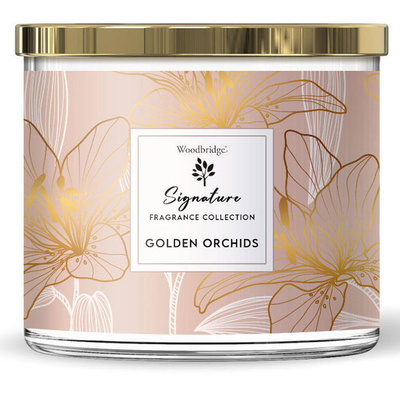 Duża kwiatowa świeca zapachowa w szkle z trzema knotami Golden Orchids Woodbridge Candle 410 g