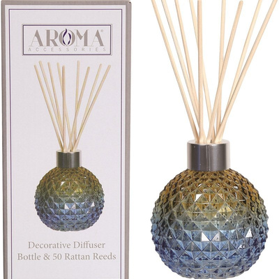 Bottiglia vuota con ombre blu ambrato con bastoncini diffusori in scatola per Woodbridge Candle