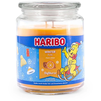 Haribo candela profumata natalizia grande in vetro Winter Fun arancia cannella 510 g