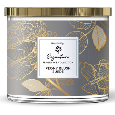 Candela grande profumata floreale in vetro con tre stoppini Peony Blush suede Woodbridge Candle 410 g