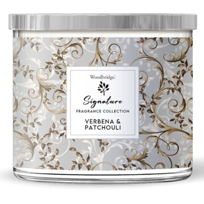 Candela profumata grande in vetro a tre stoppini Verbena Patchouli Woodbridge Candle 410 g