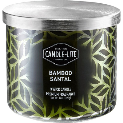 Candela profumata grande in vetro con stampa 3 stoppini Bamboo Santal Candle-lite 396 g