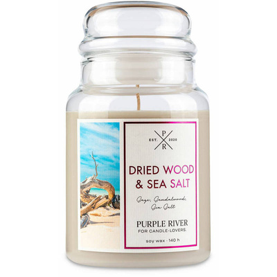 Duża sojowa świeca zapachowa w szkle drzewo sandałowe sól morska Dried Wood Sea Salt Purple River 623 g
