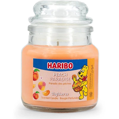 Haribo piccola candela profumata in vetro Peach Paradise caramelle gommose alla pesca 85 g