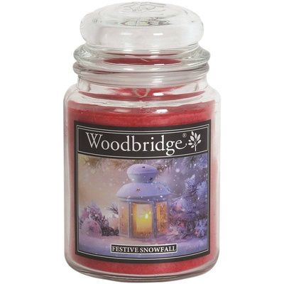 Duża świąteczna świeca zapachowa w szklanym słoju z dwoma knotami Festive Snowfall Woodbridge Candle 565 g