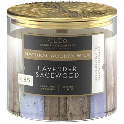 Duża świeca zapachowa w szkle z drewnianym knotem Lavender Sagewood Candle-lite 396 g