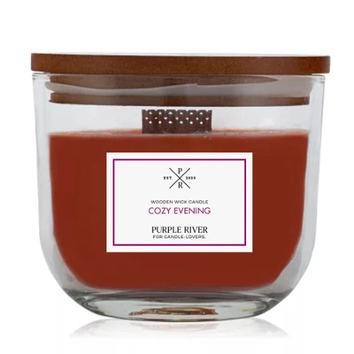 Bougie parfumée en verre avec mèche en bois grenade rose Cozy Evening 370 g Purple River