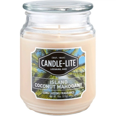 Candela grande profumata al cocco in vetro Island Coconut Mahogany Candle-lite 510 g