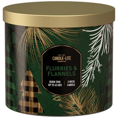 Grande bougie parfumée de Noël en verre à trois mèches Flurries Flannels Candle-lite 396 g