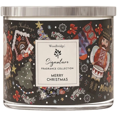 Candela profumata natalizia grande in vetro con tre stoppini Merry Bright Woodbridge Candle 410 g