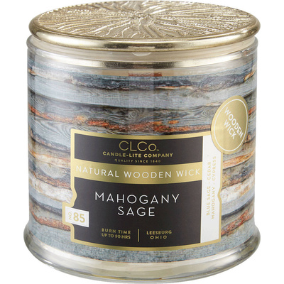Duża świeca zapachowa w szkle z drewnianym knotem Mahogany Sage Candle-lite 396 g