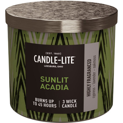 Grande bougie parfumée en verre avec imprimé 3 mèches Sunlit Acadia Candle-lite 396 g