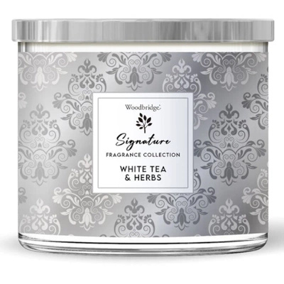 Grande bougie parfumée en verre à trois mèches White Tea Herbs Woodbridge Candle 410 g