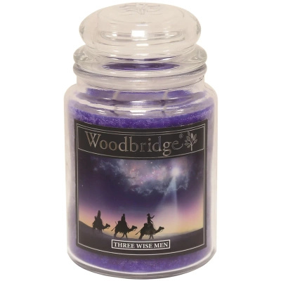 Duża świąteczna świeca zapachowa w szklanym słoju z dwoma knotami Three Wise Men Woodbridge Candle 565 g