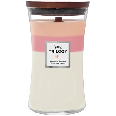 WoodWick Trilogy duża trójkolorowa świeca zapachowa z drewnianym knotem 21.5 oz 610 g - Blooming Orchard