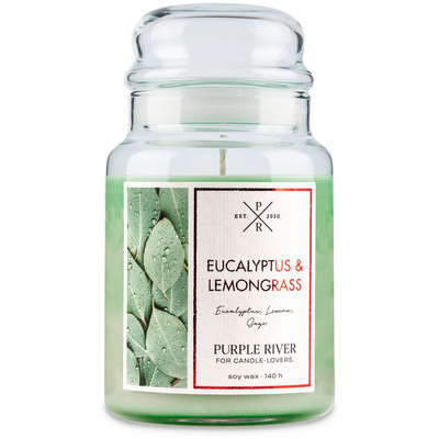 Duża sojowa świeca zapachowa w szkle ziołowa eukaliptusowa Eucalyptus Lemongrass Purple River 623 g