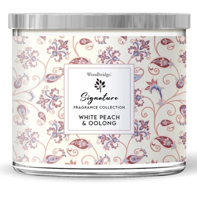 Candela profumata grande in vetro con tre stoppini White Peach Oolong Woodbridge Candle 410 g