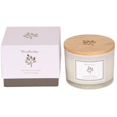 Candela grande profumata alla soia in vetro di latte in regalo confezionata in una scatola Passion Fruit Mango Woodbridge Candle 370 g