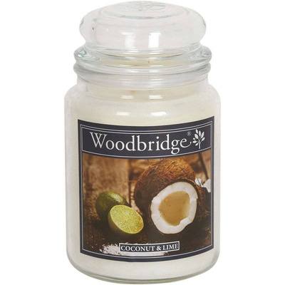 Duża świeca zapachowa w szklanym słoju z dwoma knotami Coconut Lime Woodbridge Candle 565 g