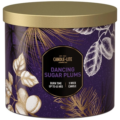 Candela profumata natalizia grande in vetro con tre stoppini Dancing Sugar Plums Candela lite 396 g